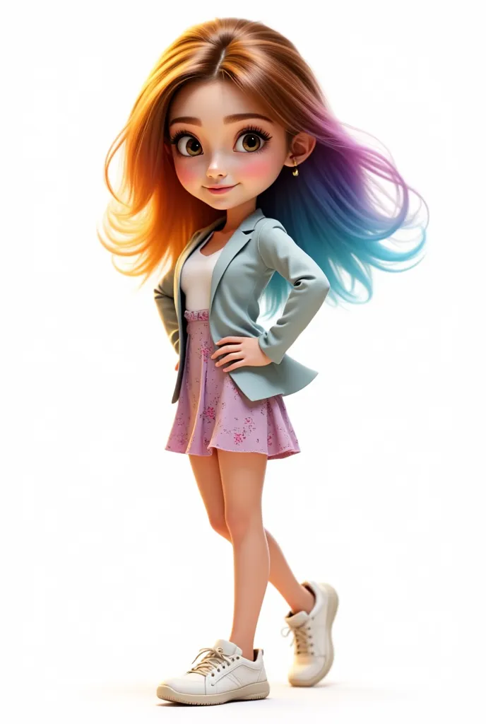   a beautiful cartoon character in professional clothing ,  full body shot standing , highly detailed, 4K, 8k,  photorealistic , masterpiece,  vibrant colors,  dynamic lighting ,  soft ambient lighting ,  clean professional look  , Stylized,  dynamic pose ,  multicolored hair , facial details,  large and expressive light eyes , detailed curly blonde hair , sharp focus, perfect mix,  all-white studio quality background , dress with flowers, white sneakers