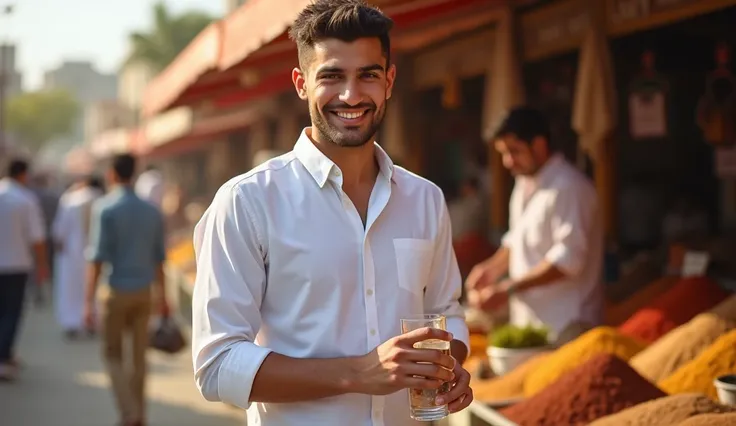  A young Arab with short hair and a confident smile ,  wearing a casual white shirt and khaki pants . He is at an outdoor market ,  holding a glass of water while a vendor in the background organizes spices.  He mixes cinnamon and sugar with a light and re...