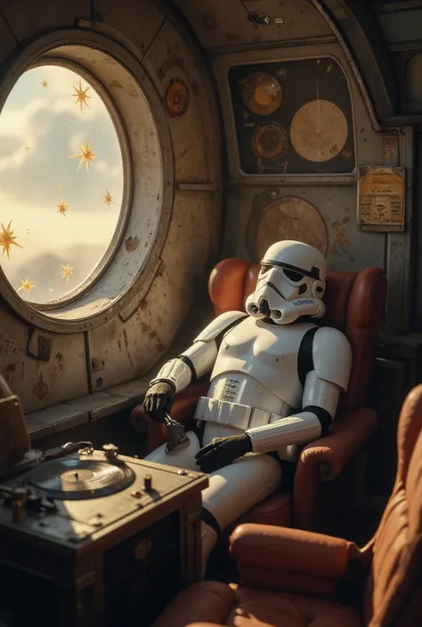 The image portrays a vintage record player inside a cozy spaceship cockpit, where a relaxed Stormtrooper is enjoying music. The cockpit is a blend of retro-futuristic elements, with soft lighting and comfortable seating creating a warm and inviting atmosph...