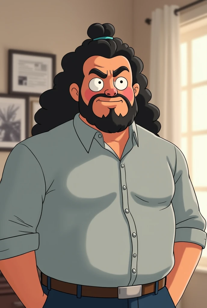 Animation of a Caucasian man ,  strong-willed and slightly overweight .  long hair, shoulder-length curly black , tied in a bun and without a beard.  In an office with a soft background wearing a light gray dress shirt with sleeves folded at the elbow.