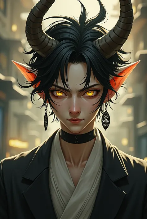 A male young extravagant Yokai. High Resolution, Looking at viewer, Yellow Eyes, Horns, Pointy Ears, Anatomically Correct, Super Detailed, Earrings, Pensive, Naughty, 