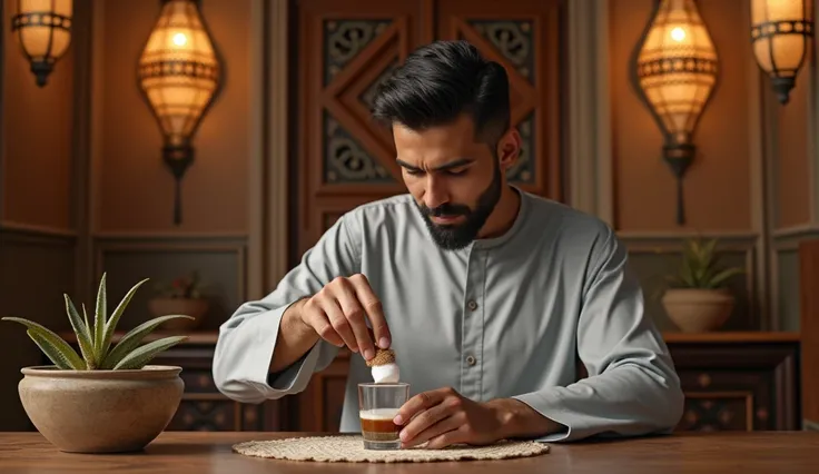 An Arab man with a short beard and well-aligned hair ,  wearing a light gray dishdasha .  He is in a room decorated with geometric patterns and hanging lanterns ,  adding sugar and cinnamon to a glass of water on a worked wooden table.