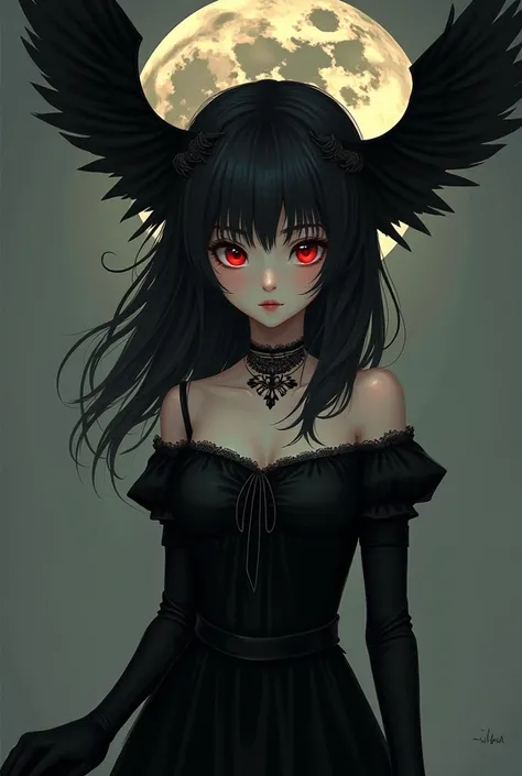  I would like a Goddess of darkness with black hair , light skin,  vintage-style black dress ,with a few simple details  ,  on top of her head a flying black moon exuding darkness,  red eyes ,  anime style 