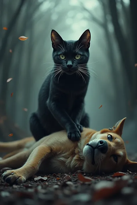 A digitally created image showing a dramatic scene where a dead dog lies on the ground, its body motionless and its face showing visible injuries. Standing triumphantly over the dog is a cat, one paw resting firmly on the dog’s side. The cat, with its slee...