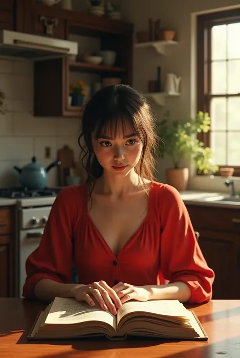 A woman in a red dress reading a book while sitting in the kitchen