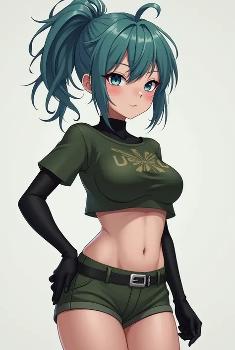 anime, Pale girl ,  blue-green hair tied in a high ponytail,  blue eyes , very messy hair ,  black gloves ,  military green clothes , short shorts, dark green short top , tiny and tight top,  small waist ,  big thighs ,  big breasts, mini shorts, soft thig...