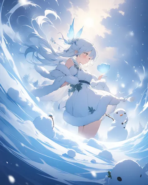 {  best quality}, { Very beautiful }, {  super detailed}, {  best illustration  }Snowman Fairy 、Active movement of a snowman、The magic that causes a blizzard