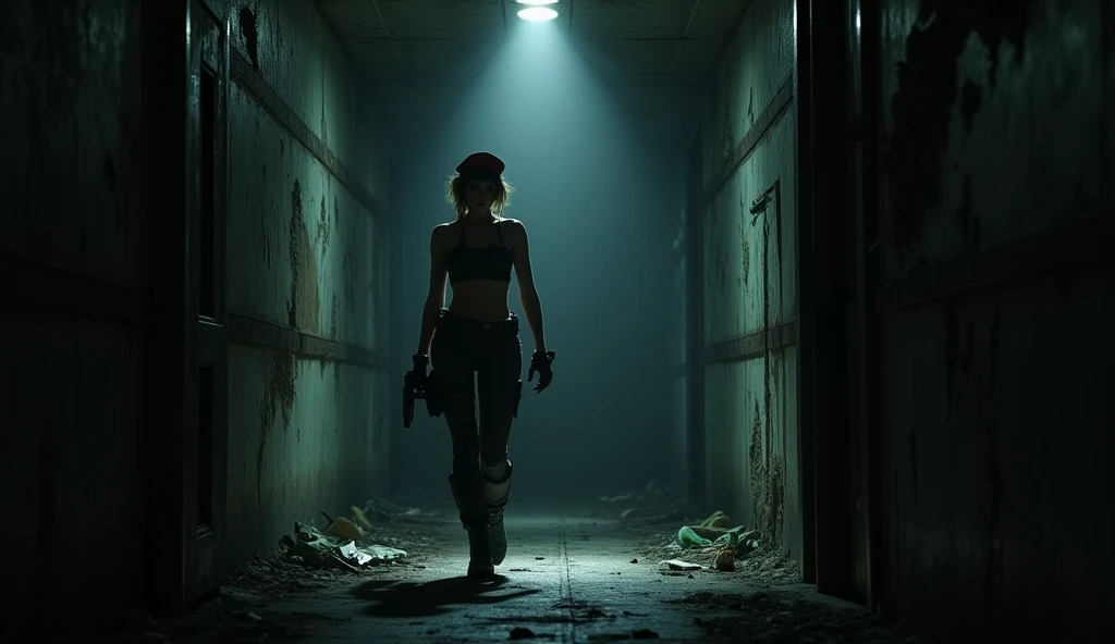 A shadowy corridor in a decrepit research facility. Flashlights sweep through the dark as close-up Jill Valentine steps forward, her iconic S.T.A.R.S. beret slightly askew