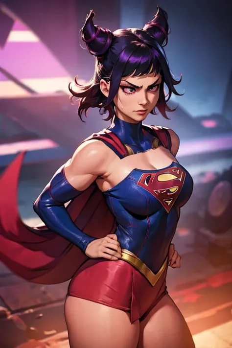 JuriMS , sfv, hair horns,  look malicious, purple eyes, Athletic body,  medium tits,  thin waist , supergirl