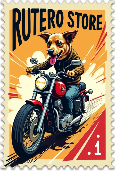 Create a stamp that says rutero store and a dog comes out riding a motorcycle 