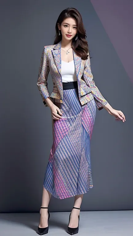 (((masterpiece))),((( best quality)))、tall and slim 、Full Body Portrait，(One Mature Woman)、(Wear a colorful geometric pattern blazer jacket and a geometric pattern long skirt:1.2)、(Silk Pantyhose)、 high heels、 Model Pose ，Modern architecture in the backgro...