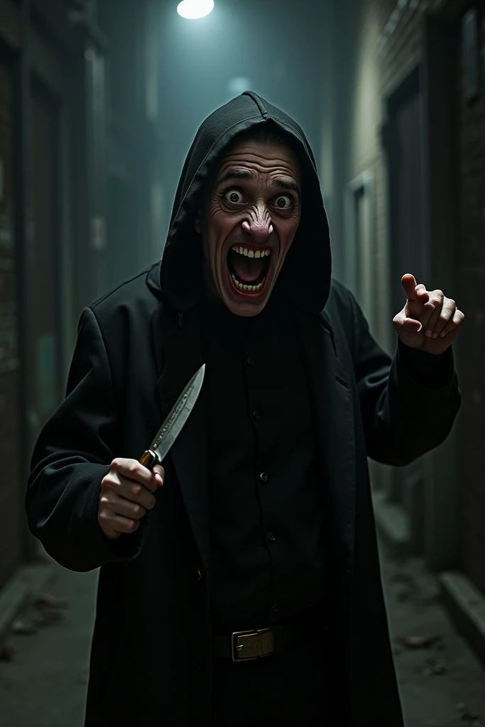 " A man wearing a black hooded suit ,  holding a small knife pointed on one hand .  He has an expression of complete delusion ,  laughing wildly like a mad maniac .  His bulging eyes are fixed ,  his gaping mouth displays a disturbing smile ,  and his arch...