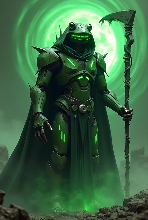 Green Robot frog grim reaper, large scythe, tattered cloak, thick green soul energy portal