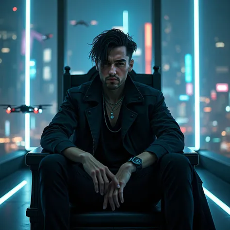 "Ultra-realistic photography in high resolution 4K. An imposing-looking man named Aether sits on a black steel throne in a minimalist room with gigantic windows revealing a dystopian city lit by neon and war drones. He has eyes that reflect the light as if...