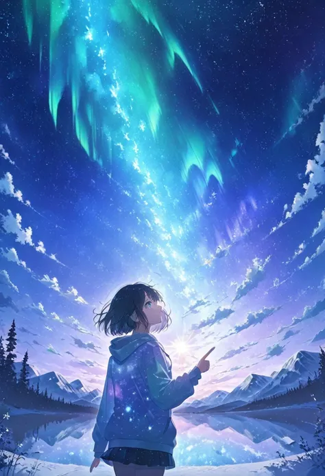  1 woman, Standing with Your Back ,Woman wearing a hoodie, short bob,Pointing to the sky,Night Sky, Aurora Scenery ,Shining Aurora,Ultra Glitter Masterpiece  ,  best quality, exquisite,8k,  absurd,  Highly Detailed Illustration on a Blank Paper ,( Viewers ...