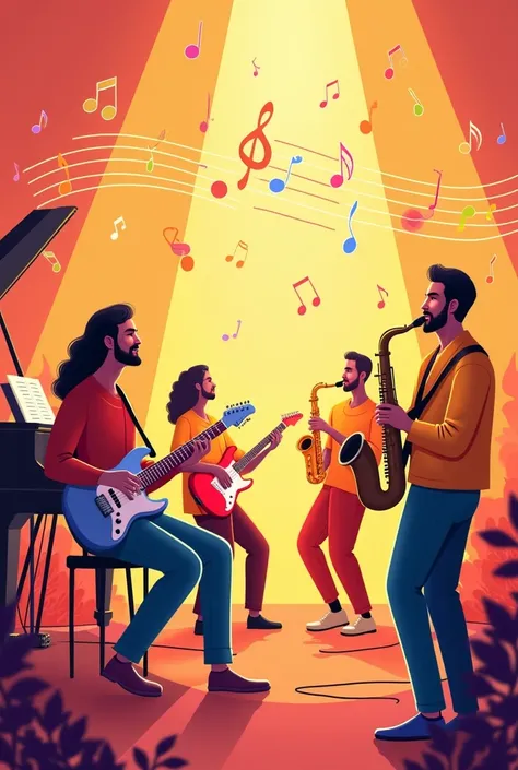  A vibrant and dynamic illustration celebrating International Musicians Day,  with diverse musicians playing various instruments such as guitar , piano and saxophone .  The background includes floating musical notes ,  colorful sound waves ,  and a stage f...