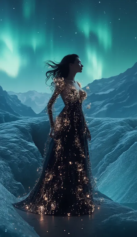 a beautiful model wearing an intricate dark dress, in a fashion show, there are glowing stars on the dress, wearing high heels, it is night time the northern aurora sky, over a glacier  fantasy art, 16K, full body, silhouette, from side, Ultra-Wide Angle, ...