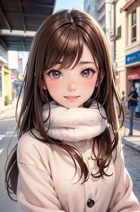 ( best quality, high definition ,8k,inelity detailed background, masterpieces:1.2), pretty girl,(Shiny brown hair:1.3),(long hair:1.2) ,long hair, messy hair,  beautiful brown eyes,futuristic winter clothes,Gentle look,A refreshing look,Best quality, best ...