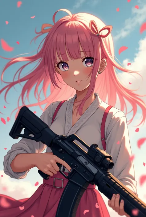 Beautiful tan skinned white 20 year old woman with chest length straight dark pale pink hair and bangs with a bow in her hair and petals in the wind and holding an assault rifle looking brave in anime art style