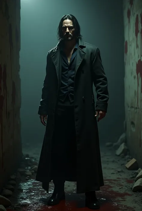  Realistic 3D character as actor Keanu Reeves ,  as Constantine the Lord of Darkness . The action takes place at night in an abandoned apartment without light with a wet floor and blood stains. The character himself is dressed in black crying 