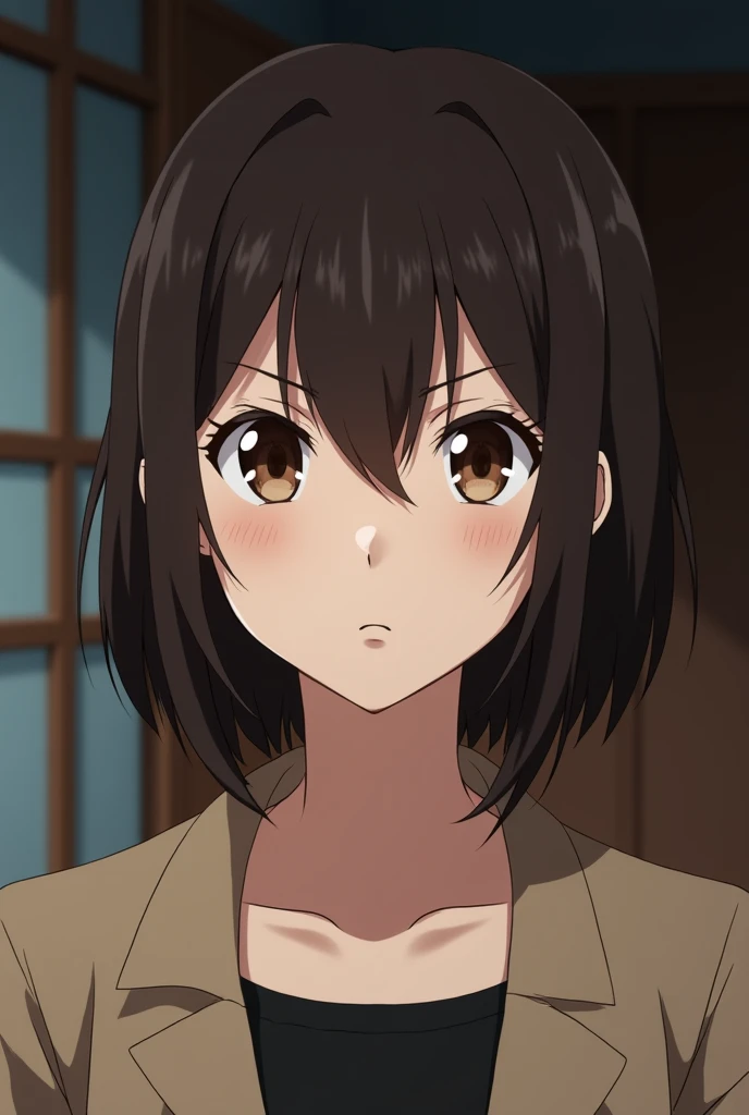  An anime-type woman in her 40s ,  dark brown hair up to the chin, Half-sided hairstyle, Brown eyes,  serious expression ,  not so white skin 