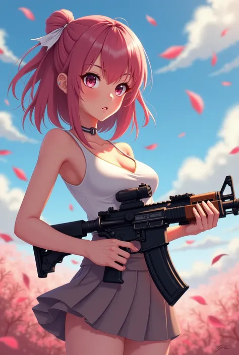 Beautiful tan skinned white 20 year old woman with chest length straight dark pale pink hair and bangs with a bow in her hair and petals in the wind, flat chest and holding an assault rifle looking brave in anime art style