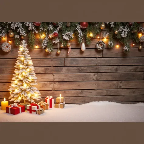 wooden wall with some decorations on the top, with Christmas tree with snow decorations on the floor in HD.