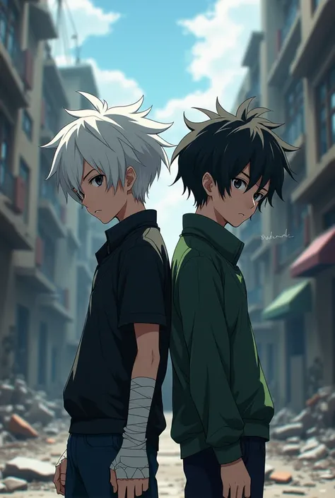 white haired boy , Black-eyed with bandaged hands and black-haired boy  ,  black-eyed on the side in an abandoned anime-shaped city 