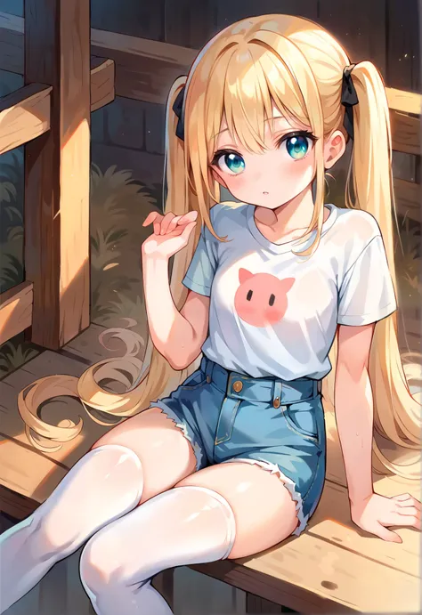 1girl, young girl, , sitting on a chair in a farmhouse, short t-shirt, jean shorts, white thigh highs, blushing, ((ultra realistic details)), intricate, highly intricate details, (petite body:1.2), long blonde twin tails hair,