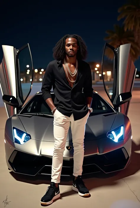 " A black man with wavy hair  (waves),  wearing an elegant black jersey ,  stylish white pants and Air Jordan 4 Travis Scott ,  positioned next to a Lamborghini Aventador SVJ with the doors open in scissor style.  The setting is urban and sophisticated , w...