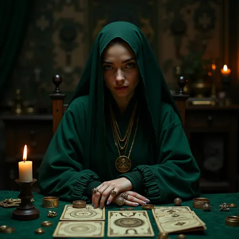 "A mystical seer in a dark and mysterious setting. She wears traditional robes in shades of dark green, with a veil that partially covers her head. Her hands are adorned with detailed rings and necklaces, and she sits at a table filled with letters of taro...