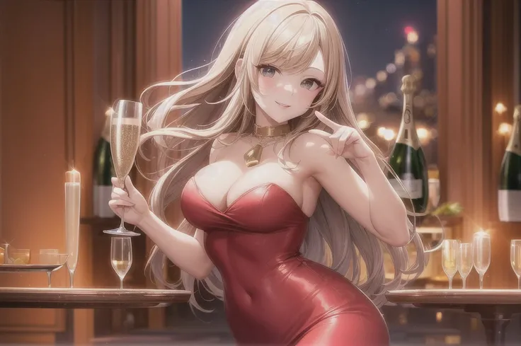 (((Hold a champagne glass in both hands)))、1 fashionable adult woman、((Cute pose))、One smiling woman 、(Top floor with night view )、Wearing a red party dress、Sparkling interior 、 beautiful night view with depth、 artwork、3d、4K、 real、 4K high resolution digit...