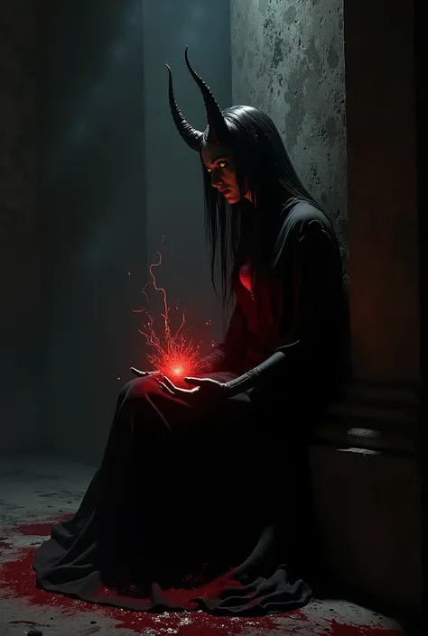 Detailed moment (( In shadow  lady-demon, yellow eyes, sitting in tight dark corner. Sheturn hand with red energy-heart form and  speaks with near  Temple, the temple clothes full in firty dark blood, his sword crashed)), (( location darkness mystery in sh...