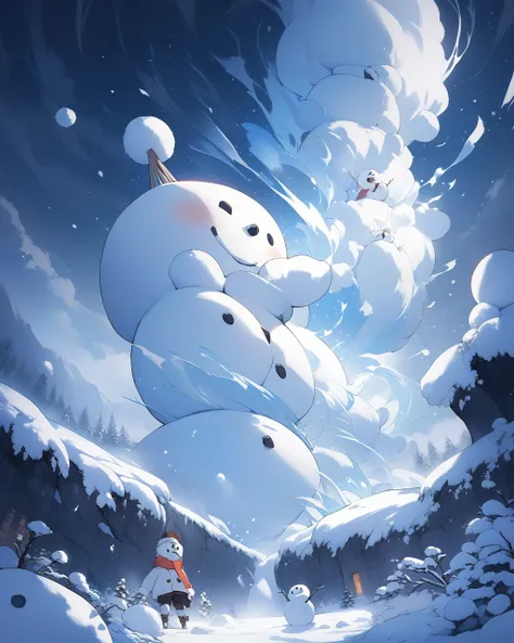 {  best quality}, { Very beautiful }, {  super detailed}, {  best illustration  }Active movement of a snowman、The magic that causes a blizzard、A snowman who uses magic