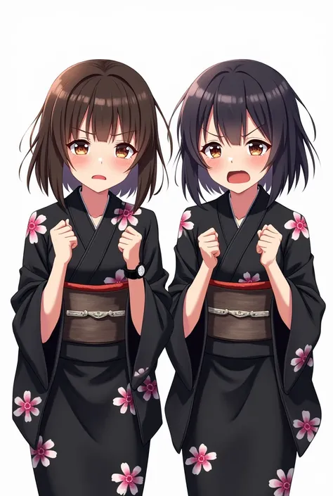 Anime sisters wearing black yukata with worried flowers and with a white background and full body and with pink nails and a black watch with their fists on their chests both hands with an emotion of nervousness and with an expression of concern and a feeli...