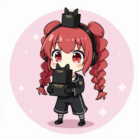  create a girls 2D Twitch emote icon,  chibi anime, human,  with hair consisting of two huge braids behind ,  red hair color with medium low saturation , Classic fringe, white pele,  two strands on top of the hair , Light red eyes, small bust,  Black pajam...