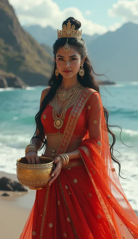 Highly detailed face and eyes A very beautiful Hindu Goddess in Red Lehenga holding a golden pot in her hand, with a stunning ocean,Heavy Brightness and majestic mountains in the background, as towering waves rise high in the ocean.Generate Highly Resoluti...