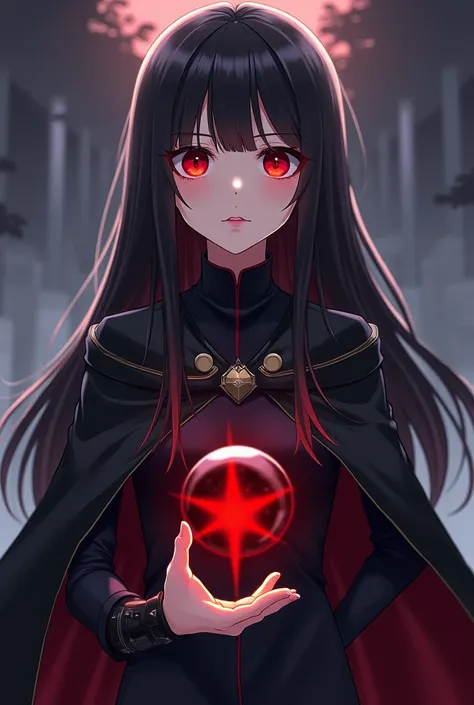  A character with big straight hair with bangs ,  anime style /manga, light skin,  wearing a black outfit with an adventurers cape,  red eyes ,  with an orb of darkness in her hand , The face of apparently sleepy 