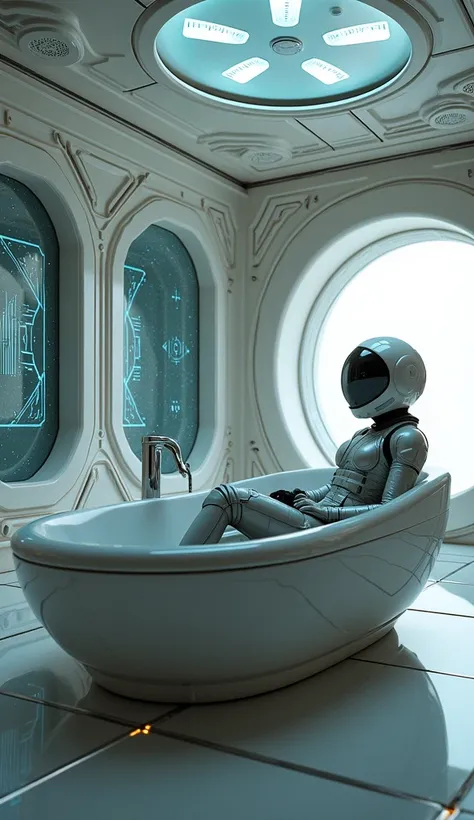 WIDE CAMERA SHOWS ASTRONAUT SITTED ON A BATH VASE IN THE SPACESHIP FUTURISTIC BATHROOM 