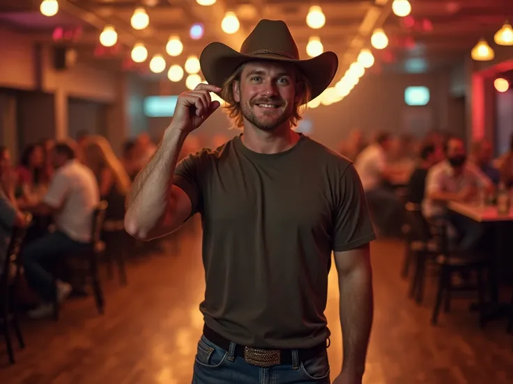 slightly chubby 35 year old man, cowboy boots under jeans, tight short-sleeve t-shirt, short blonde hair, clean shaven, green hazel eyes, wood dance floor, club lighting, cowboy hat, looking at camera, smiling with lips parted, touching hat with finger, da...