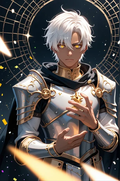 SatoruGojo, older_male, perfect face, (perfect eyes), white hair, tan, yellow eyes, glowing eyes, strong men, perfect anatomy, perfect proportions, black cape with gold, knight, full armor, black hole in hand, holding black hole, dark background, colorful ...