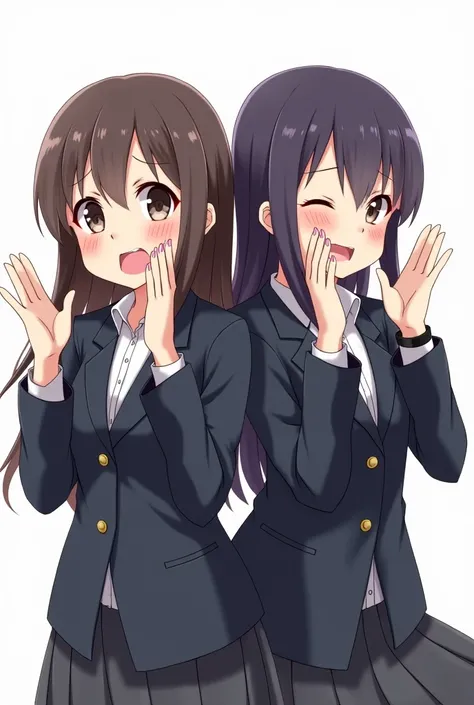 Anime sisters in school blazer uniforms worried and with a white background and full body and with pink nails and a black watch with their cuffs on their chests, both hands with an emotion of nervousness and with an expression of concern and a feeling of s...