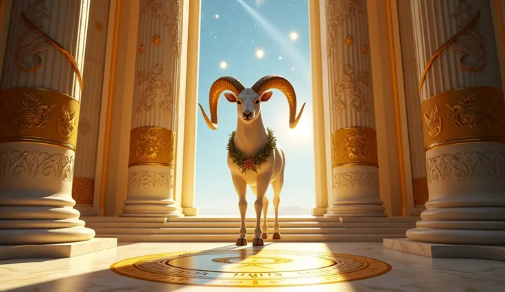 Prompt 8: The Ram of the Golden Temple (Neo-Classical Style)Imagine an ancient and noble ram standing at the entrance of a grand golden temple, its horns adorned with wreaths of laurel leaves. The scene is depicted in a neo-classical style, with the temple...