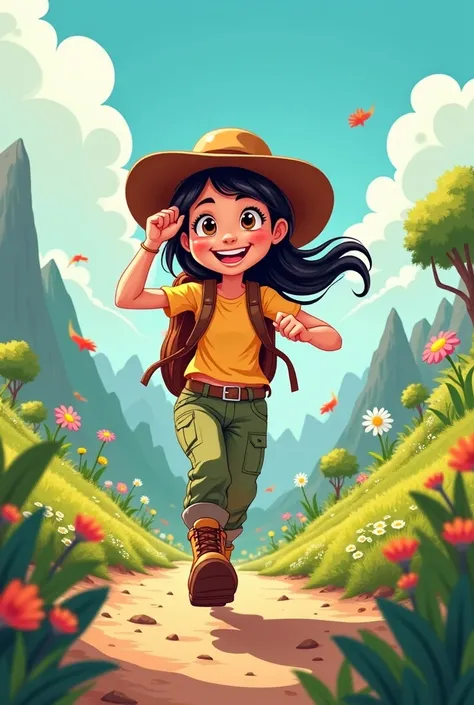 a cartoon-style image with happy teenage explorer running around holding her hat