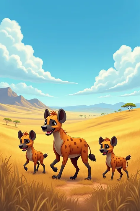 Hyena walking with her family in the savanna, disney pixar drawing.