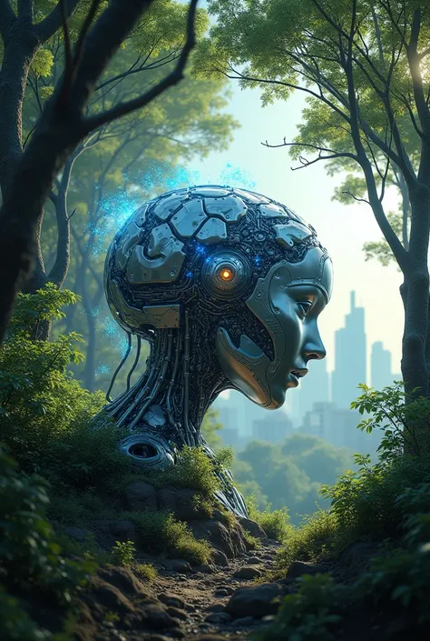 AI brain in nature and trees near city