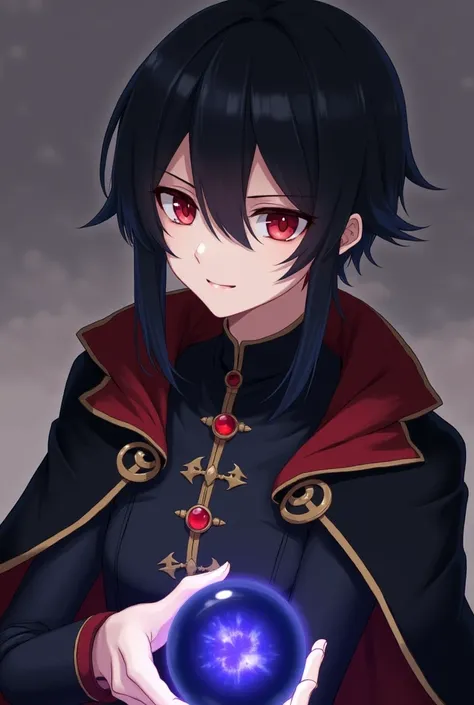 A male character with big straight hair and bangs,  anime style /manga, light skin,  wearing a black outfit with an adventurers cape,  red eyes ,  with an orb of darkness in her hand , The face of apparently sleepy 