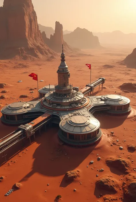 Image of a large base on Mars with American and Chinese flags