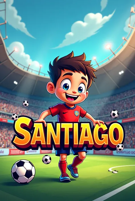 Make me an image with the word SANTIAGO with a soccer theme 
Animated style 