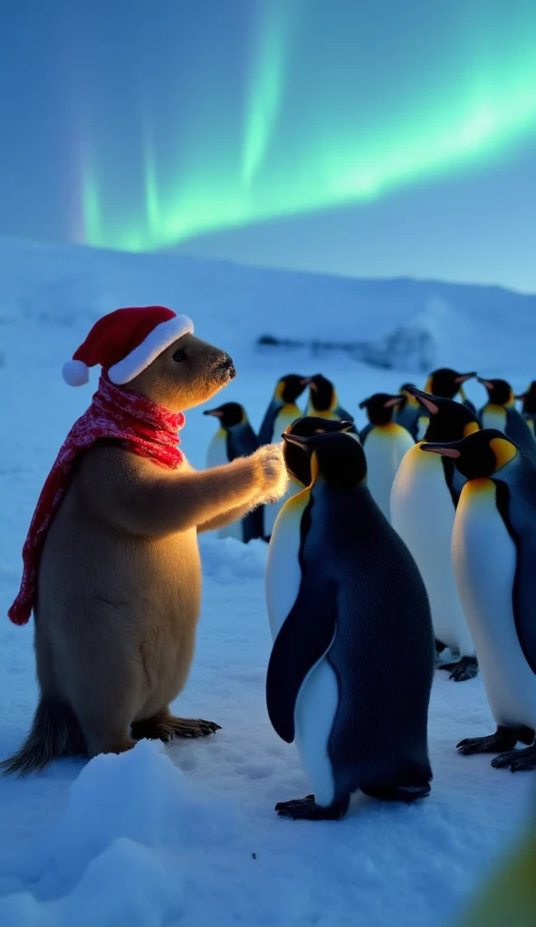 A capybara dressed as Santa Claus singing Christmas carols while surrounded by a group of penguins wearing little scarves and hats. The penguins are swaying to the music, with the icy North Pole landscape and the faint glow of the aurora borealis in the ba...